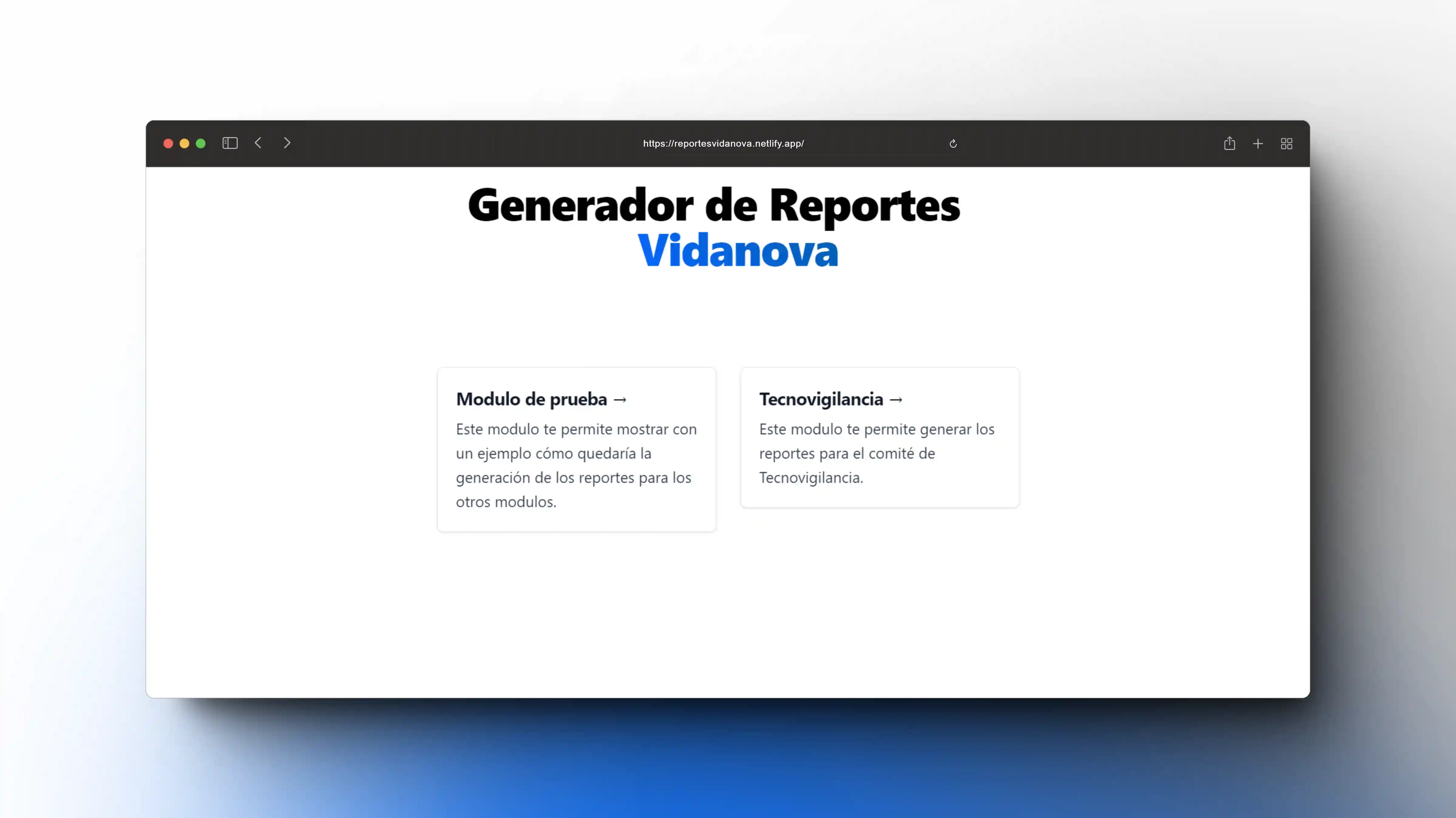 Captura de pantalla del proyecto Generador de reportes - Vidanova
